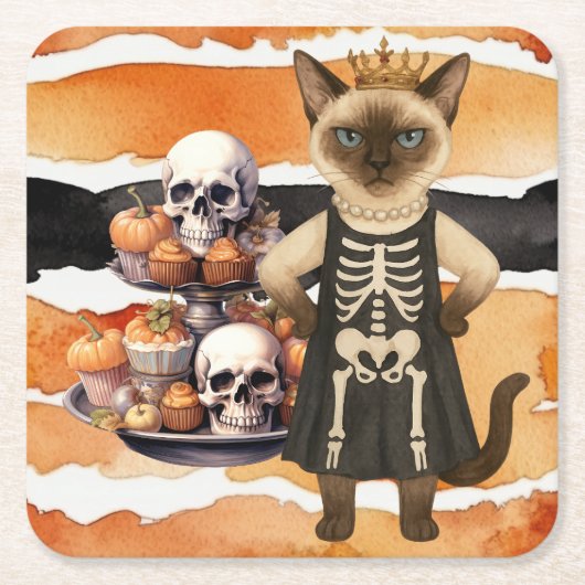 猫好きのためのハロウィン+カップケーキ スクエアペーパーコースター (正面)