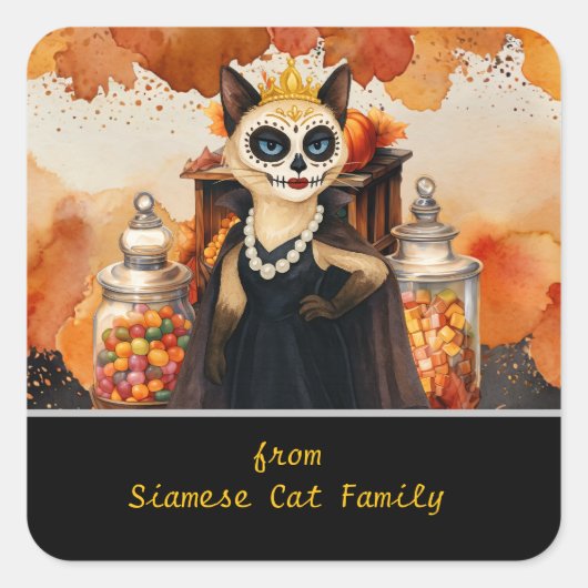 猫好きのためのハロウィン + キャンディ スクエアシール (正面)