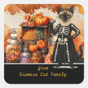 猫好きのためのハロウィン + キャンディ スクエアシール