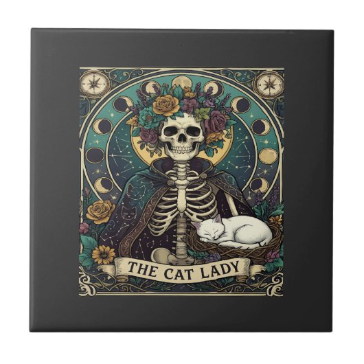 猫好きのためのハロウィーン スケルトン柄 花 月 コンパス タイル (正面)