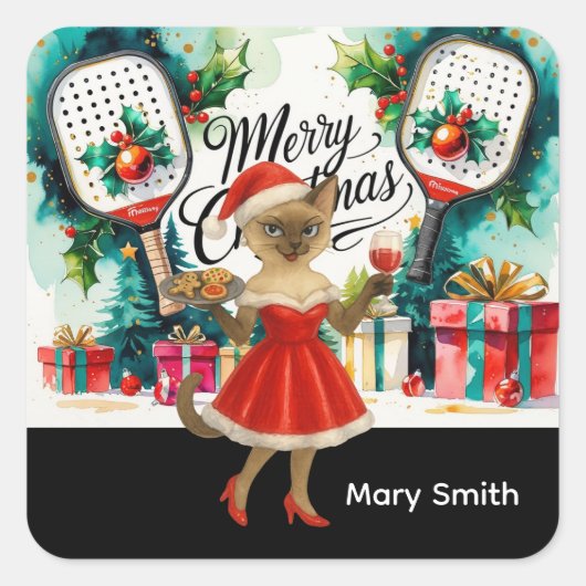 猫好きのためのピックルボールクリスマスデザイン スクエアシール (正面)