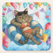 猫好きのためのプール誕生日パーティー スクエアペーパーコースター (正面)