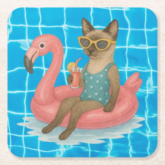 猫好きのためのプール誕生日パーティー スクエアペーパーコースター (正面)