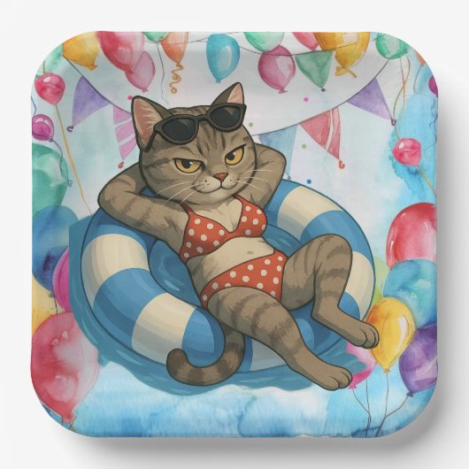 猫好きのためのプール誕生日パーティー ペーパープレート (正面)