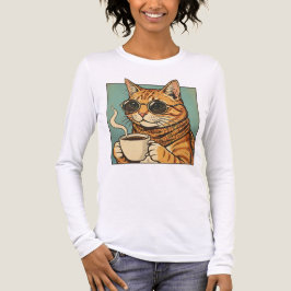 猫好きのためのレトロスタイルデザイン コーヒーを楽しむ猫 トライブレンドTシャツ