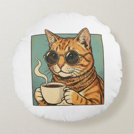 猫好きのためのレトロスタイルデザイン コーヒーを楽しむ猫 ラウンドクッション
