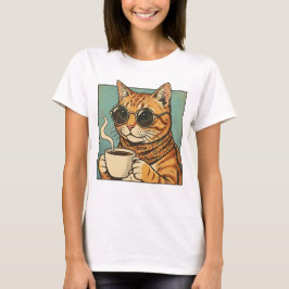 猫好きのためのレトロスタイルデザイン コーヒーを楽しむ猫 Tシャツ