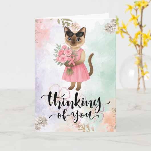 猫好きのための乳がん啓発 ピンクリボン カード (黄色い花)