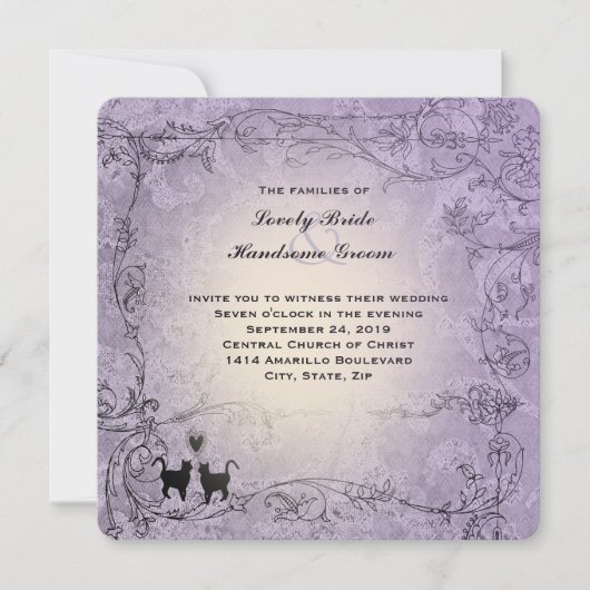 猫好きのための四角いラベンダー ヴィンテージ結婚式 招待状 (正面)