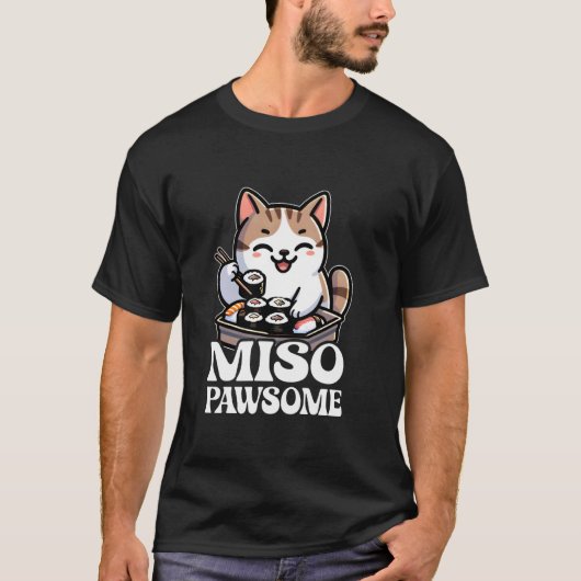 猫好きのための日本寿司料理デザイン「Miso Pawsome」A Ca Tシャツ (正面)