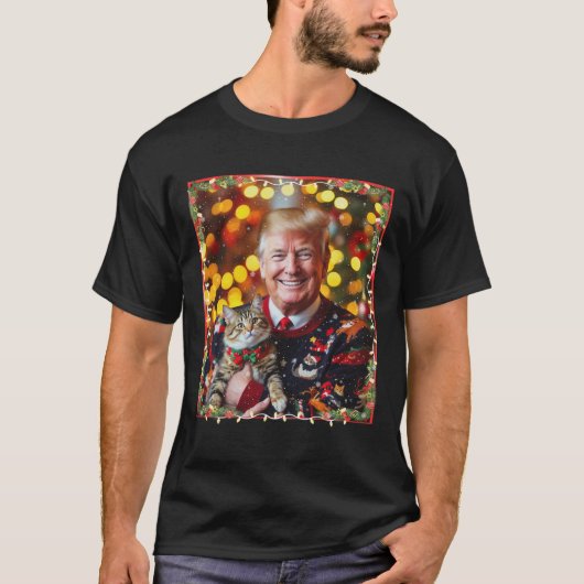 猫好きのための面白いトランプのクリスマスセーター Tシャツ (正面)
