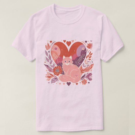 猫好きのイラストレーションハート花 Tシャツ (デザイン正面)