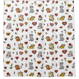 猫好きのシャワーカーテン：子猫とハート シャワーカーテン