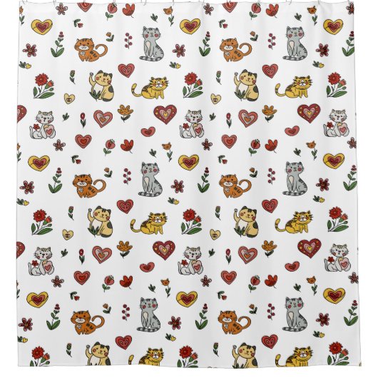 猫好きのシャワーカーテン：子猫とハート シャワーカーテン (正面)