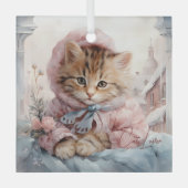 猫好きのタビー猫（ピンクとブルー） ガラスオーナメント (正面)