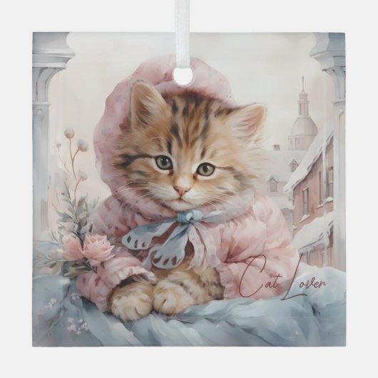 猫好きのタビー猫(ピンクとブルー) ガラスオーナメント (正面)