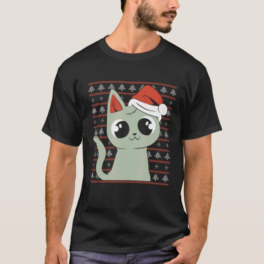 猫好きのダサ可愛いセーター 猫のサンタ帽子 Meo Tシャツ (正面)