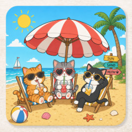 猫好きの夏の楽しみ スクエアペーパーコースター
