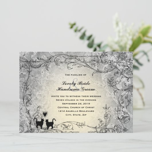 猫好きの華美な灰色の金ゴールドのヴィンテージの結婚 招待状 (スタンド正面)