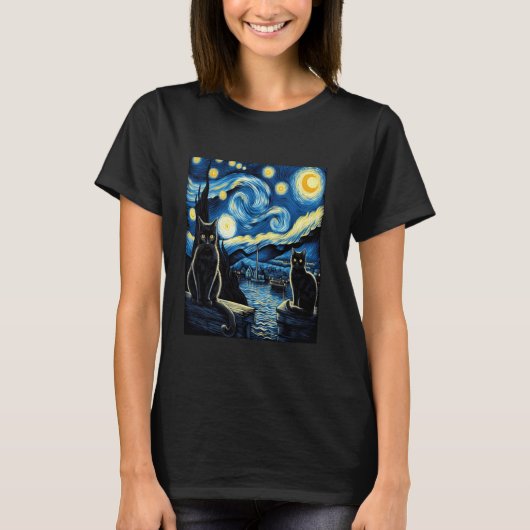 猫好きへのギフト ヴァンゴッホの星空と猫 Tシャツ (正面)