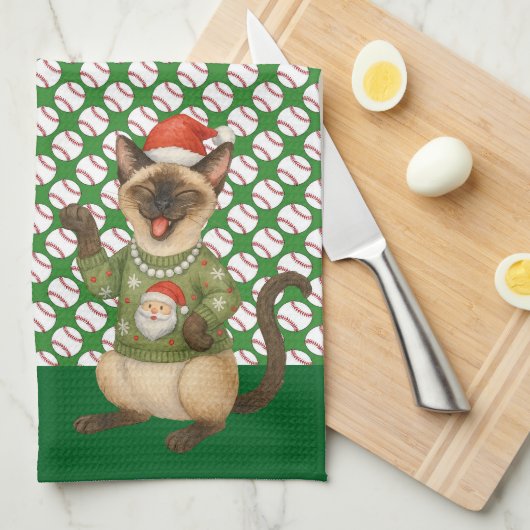 猫好きをテーマにした野球クリスマス キッチンタオル (四つ折り)