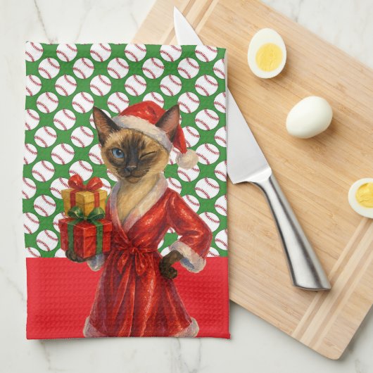 猫好きをテーマにした野球クリスマス キッチンタオル (四つ折り)