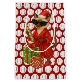 猫好きをテーマにした野球クリスマス ミディアムペーパーバッグ