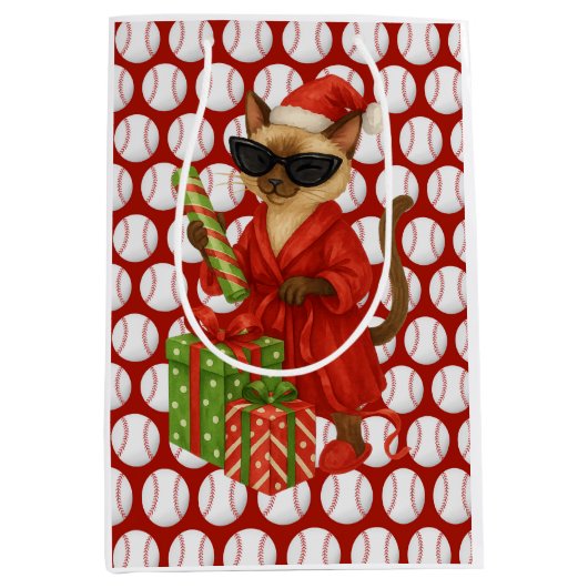 猫好きをテーマにした野球クリスマス ミディアムペーパーバッグ (正面)