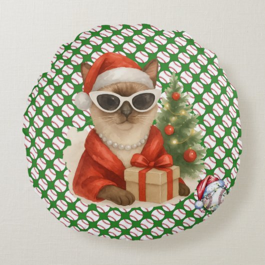 猫好きをテーマにした野球クリスマス ラウンドクッション (正面)