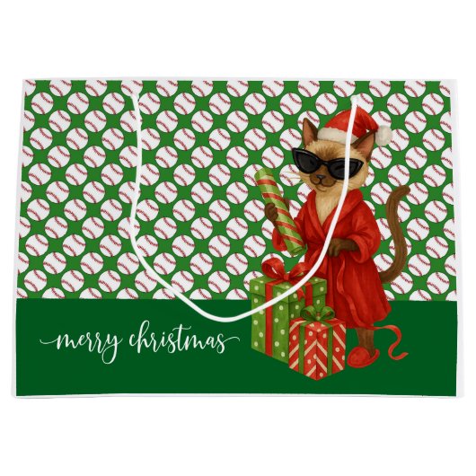 猫好きをテーマにした野球クリスマス ラージペーパーバッグ (正面)