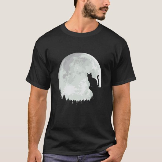 猫好きアニマルシルエット 月の中のかわいい猫 Tシャツ (正面)