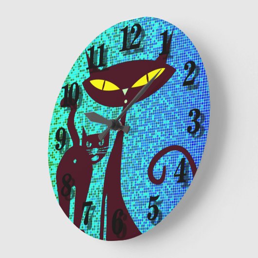 猫好きイラストレーションインアクアブルーバックグラウンド ラージ壁時計 (傾斜)