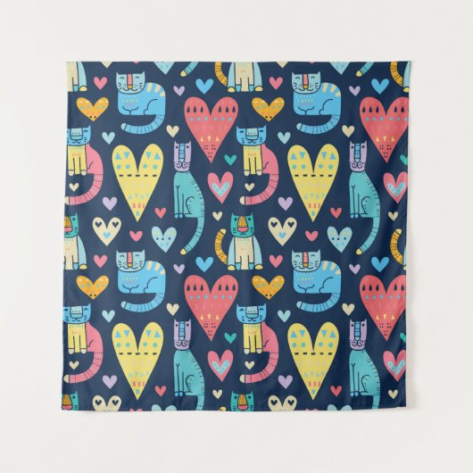 猫好きカラフル:ヴィンテージシームレス タペストリー (正面)