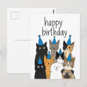 猫好きカード - 猫パーティー誕生日カード ポストカード (正面/裏面)