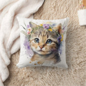 猫好きギフト – 水彩キャット（花つき） クッション (ブランケット)