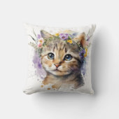 猫好きギフト – 水彩キャット（花つき） クッション (正面)