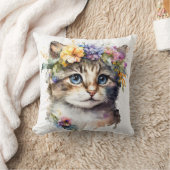 猫好きギフト – 水彩キャット（花つき） クッション (ブランケット)