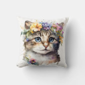 猫好きギフト – 水彩キャット（花つき） クッション (正面)
