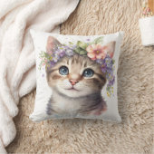猫好きギフト – 水彩キャット（花つき） クッション (ブランケット)
