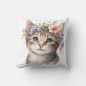 猫好きギフト – 水彩キャット（花つき） クッション (正面)