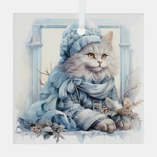 猫好きグレーキットンブルービクトリアンウェア ガラスオーナメント (裏面)