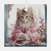 猫好きグレーホワイトキッテンピンクフリリー服 ガラスオーナメント (裏面)