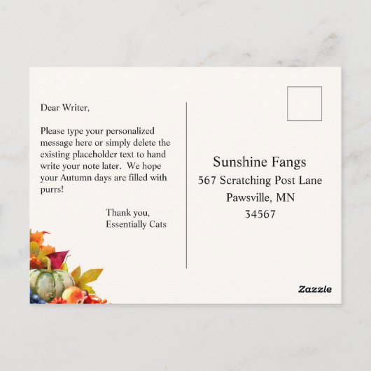 猫好きコルヌコピアサンクスギビングホリデーシーズン ポストカード (裏面)
