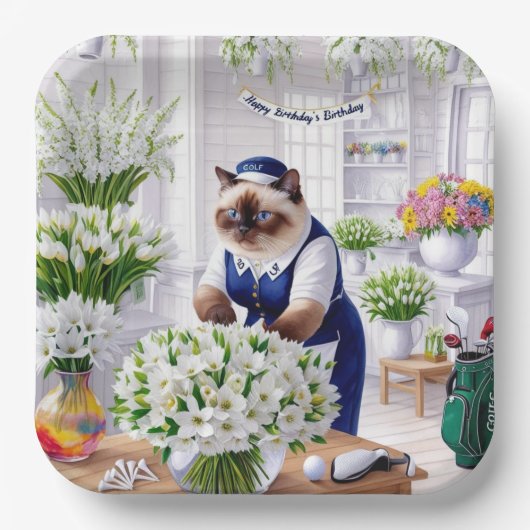 猫好きゴルファーのゴルフ誕生日パーティー ペーパープレート (正面)