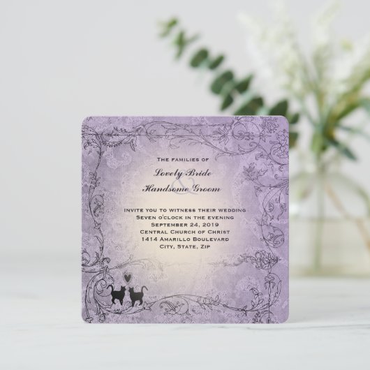 猫好きスクエアラベン華美ダーヴィンテージウエディング 招待状 (スタンド正面)