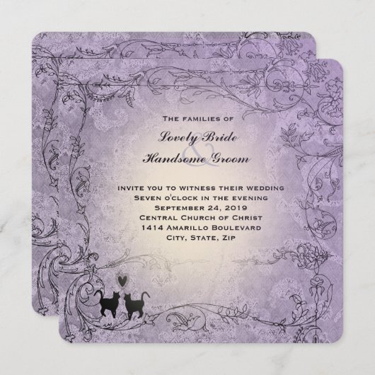 猫好きスクエアラベン華美ダーヴィンテージウエディング 招待状 (正面/裏面)