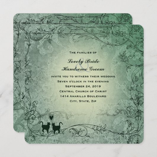 猫好きスクエア華美グリーンヴィンテージウェディング 招待状 (正面/裏面)
