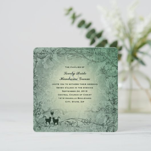 猫好きスクエア華美グリーンヴィンテージウェディング 招待状 (スタンド正面)