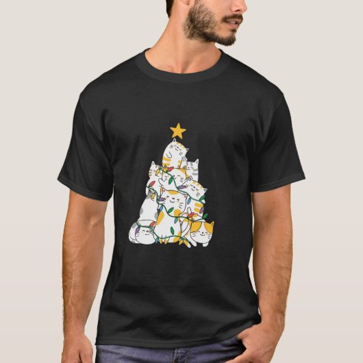 猫好きスメリーキャットクリスマスツリーホリデイ Tシャツ (正面)