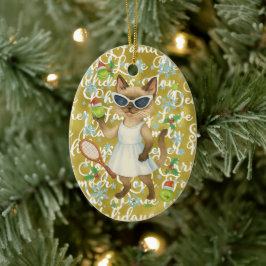 猫好きテニスプレーヤーのためのクリスマステニスデザイン セラミックオーナメント
